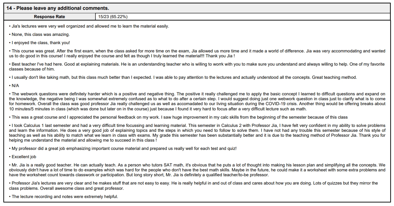 Student Comments Spring 2021